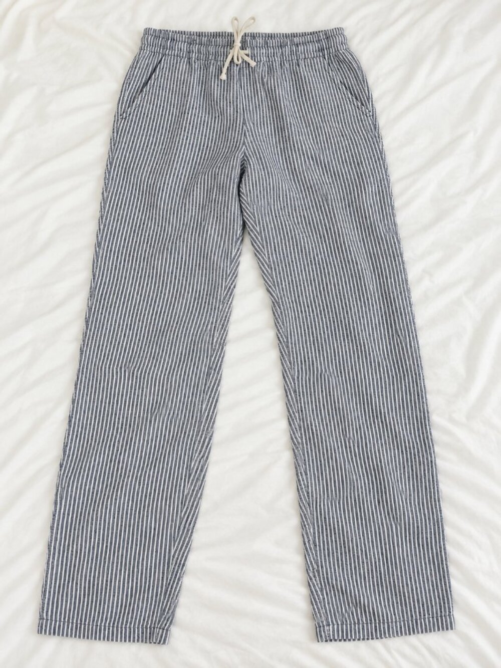 Alex Crane Bo Pants Lines XL 100% Linen Blue Stripe Drawstring Pants
